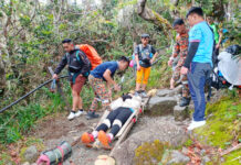 女登山客摔倒受伤 山岳队担架抬下山